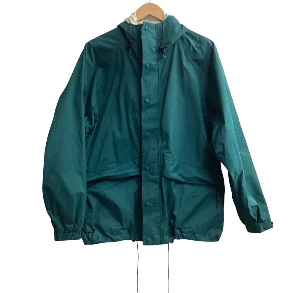 LL Bean Stowaway Teal Green Gore-Tex Hooded Rain Jacket Men's Large Windbreaker